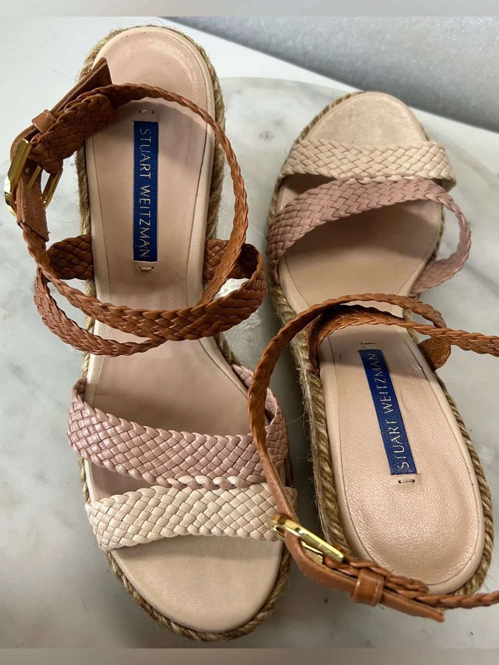 NWOT STUART WEITZMAN Elsie Color-Block Braided Leather Wedge Espadrille Sandals